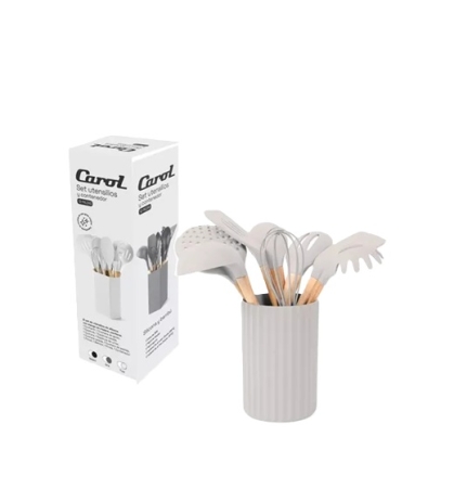 SET UTENSILLOS SILICONA MANGO MADERA X 9